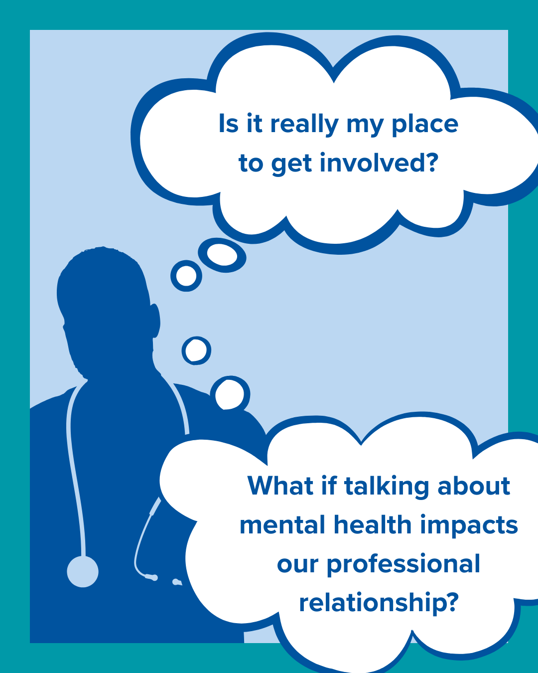 Silhouette of male nurse with thought bubbles. The first bubble reads, "Is it really my place to get involved?" and the second bubble reads, "What if talking about mental health impacts our professional relationship?"